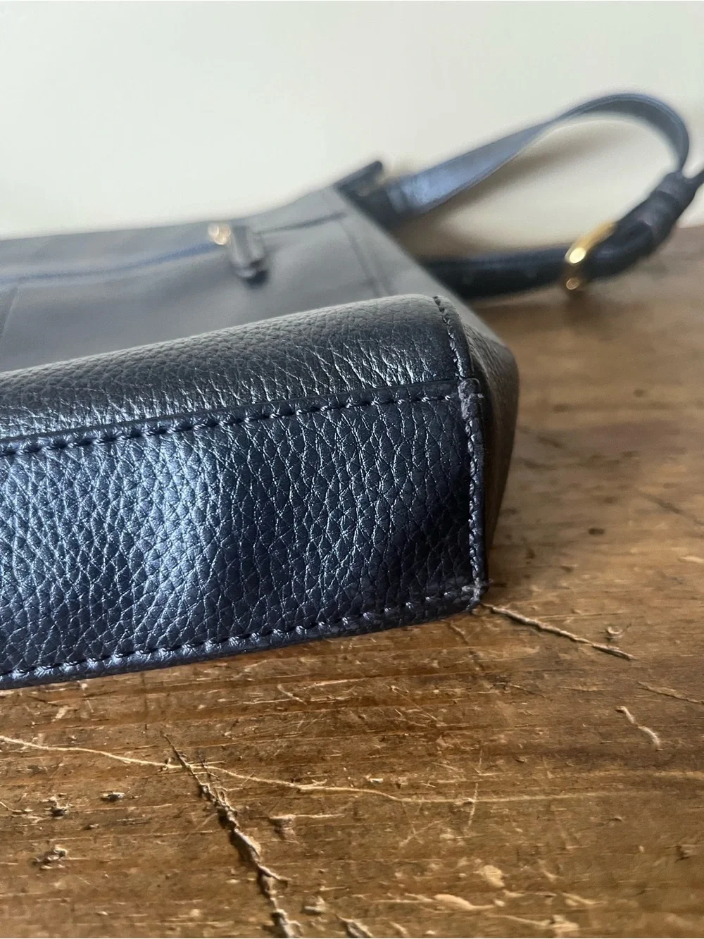 Tignanello Leather Metallic Dark Blue Crossbody with Gold Accents